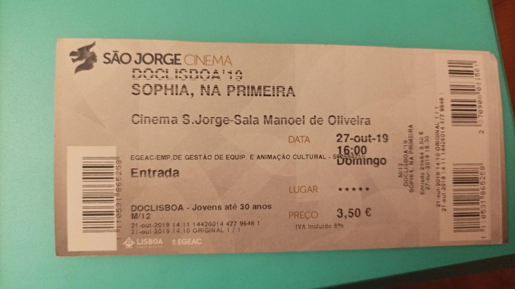 Foto do bilhete do filme "Sophia, na Primeira Pessoa" no DocLisboa 2019
